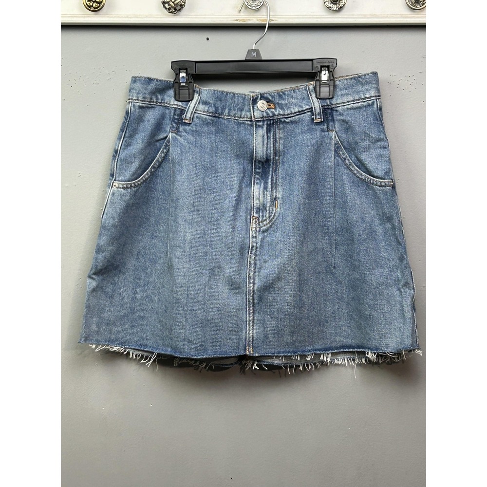 We The Free Denim Skirt Womens 29 Blue Raw Frayed Hem Straight Mini Pockets
